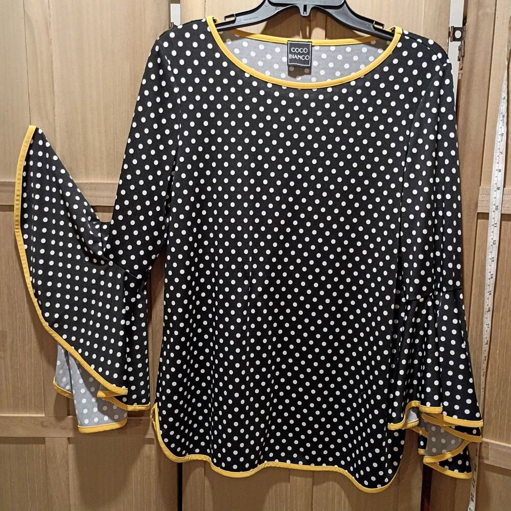 Coco Bianco Black white polka dot yellow trim no size tag measures large
